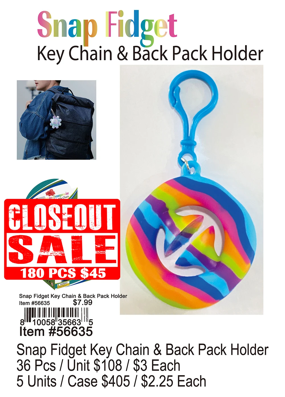 Snap Fidget Keychain and Backpack Holder - Closeout 180 Pcs.